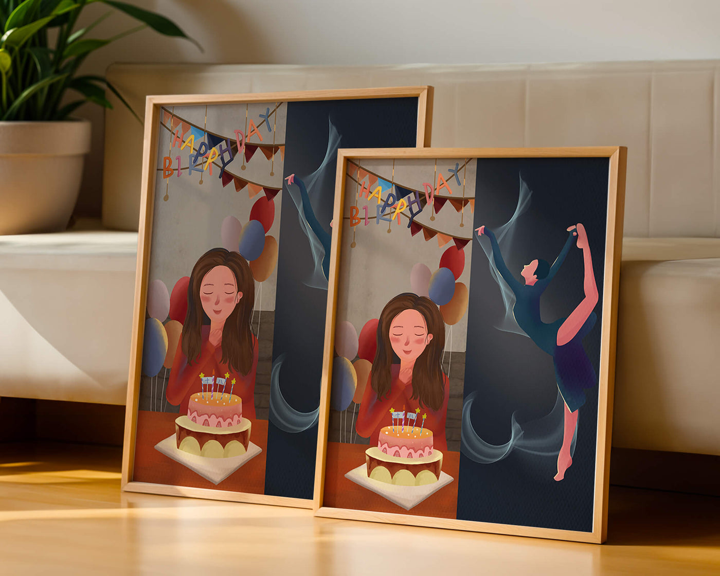 Birthday celebration illustration with cake and dancing figure