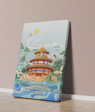 Alter chinesischer Pavillon am Wasser mit Kranichen und Bergen