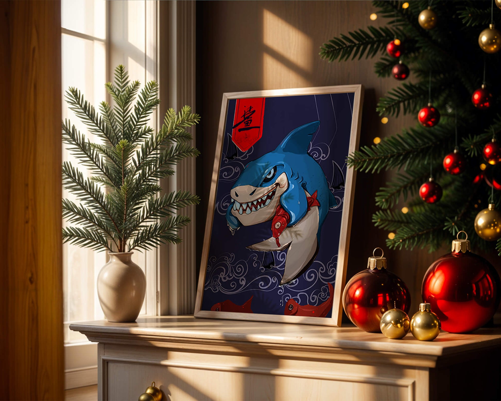 Playful illustration of a cartoon shark with nautical elements
