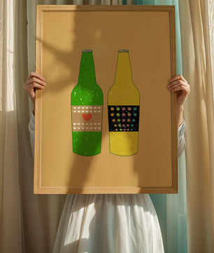 Ilustración de botellas de cerveza coloridas con etiquetas artísticas