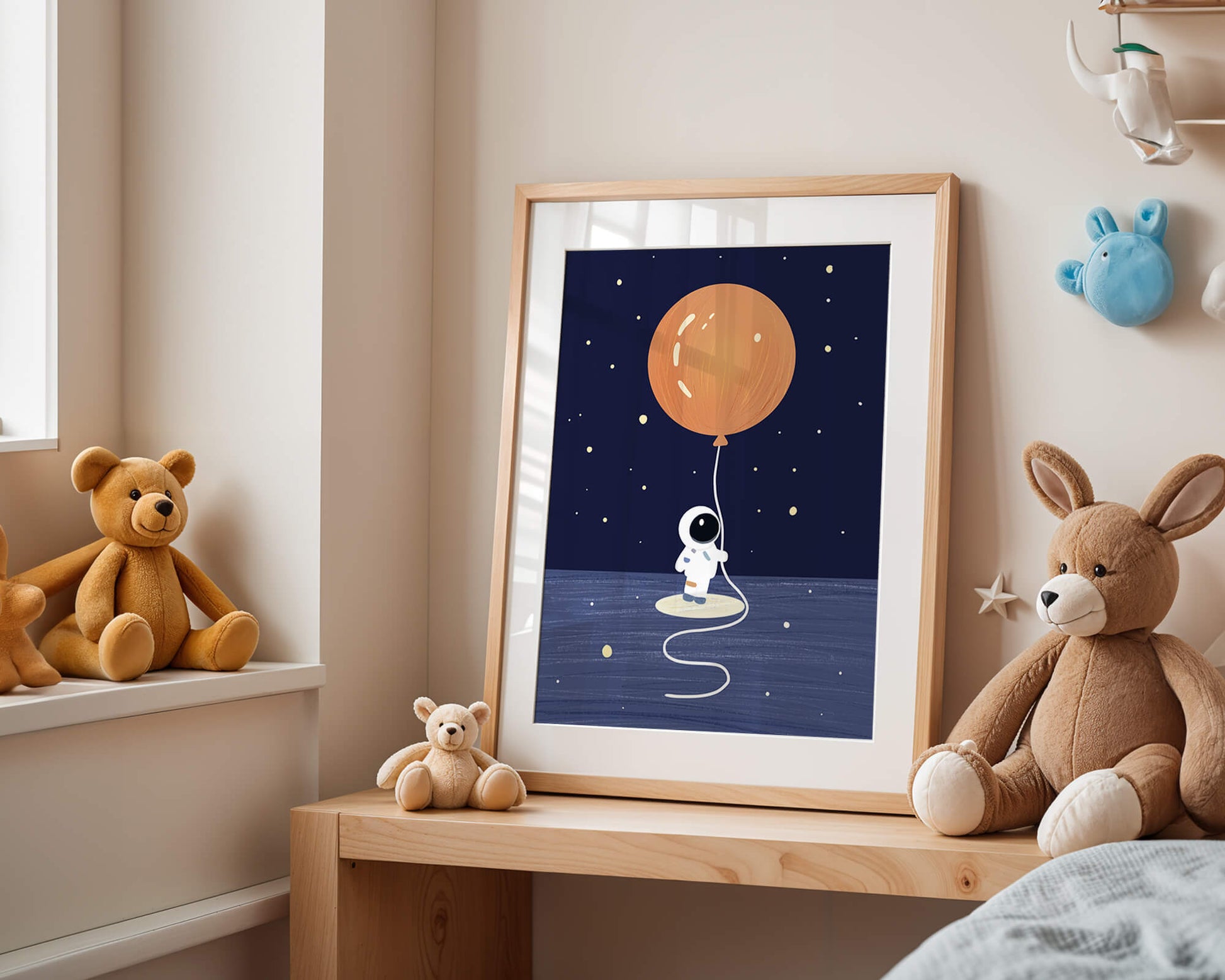 Charming Astronaut Holding Large Orange Balloon Under Starry Sky