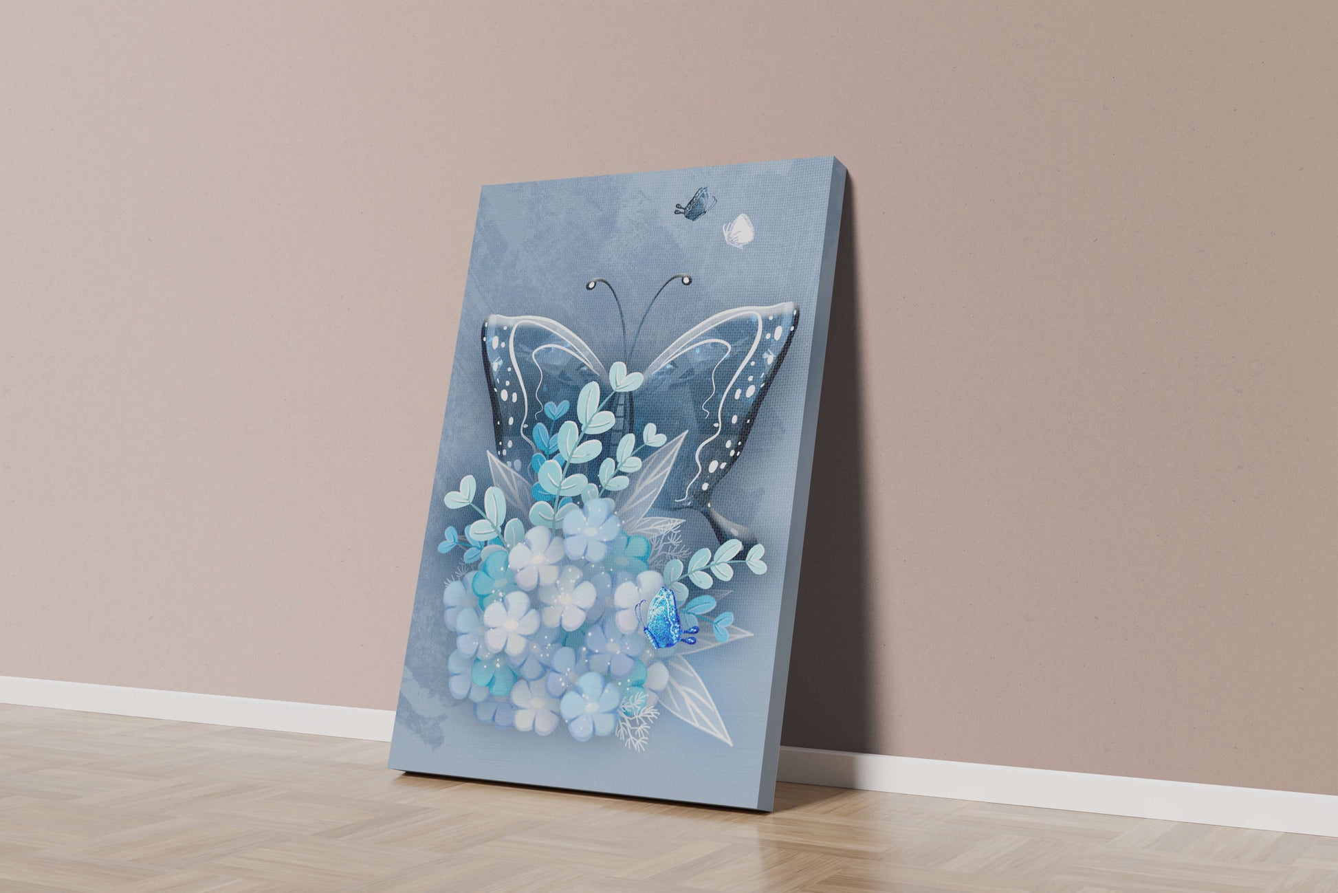 Floral and butterfly digital artwork in calming blue shades