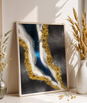 Abstract flowing design with gold, blue, and white textures