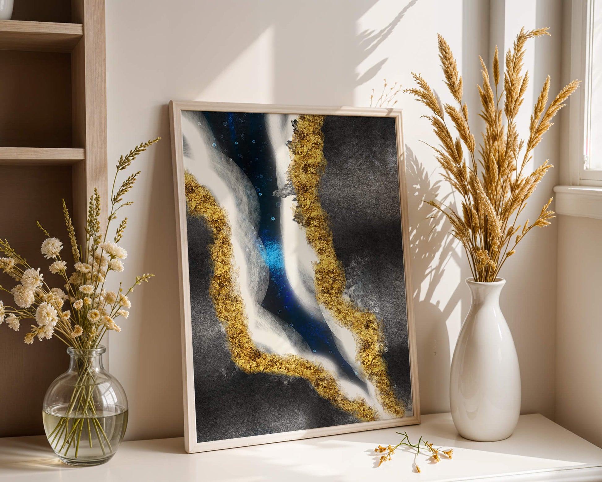 Abstract flowing design with gold, blue, and white textures