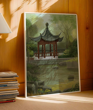 Tranquil Asian garden scene with traditional pagoda and serene pond