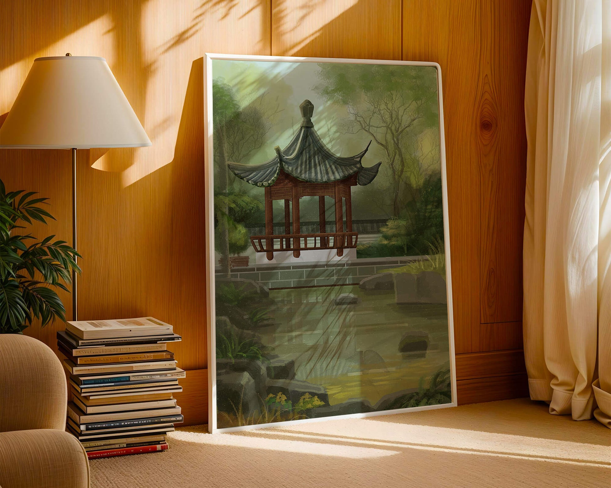 Tranquil Asian garden scene with traditional pagoda and serene pond