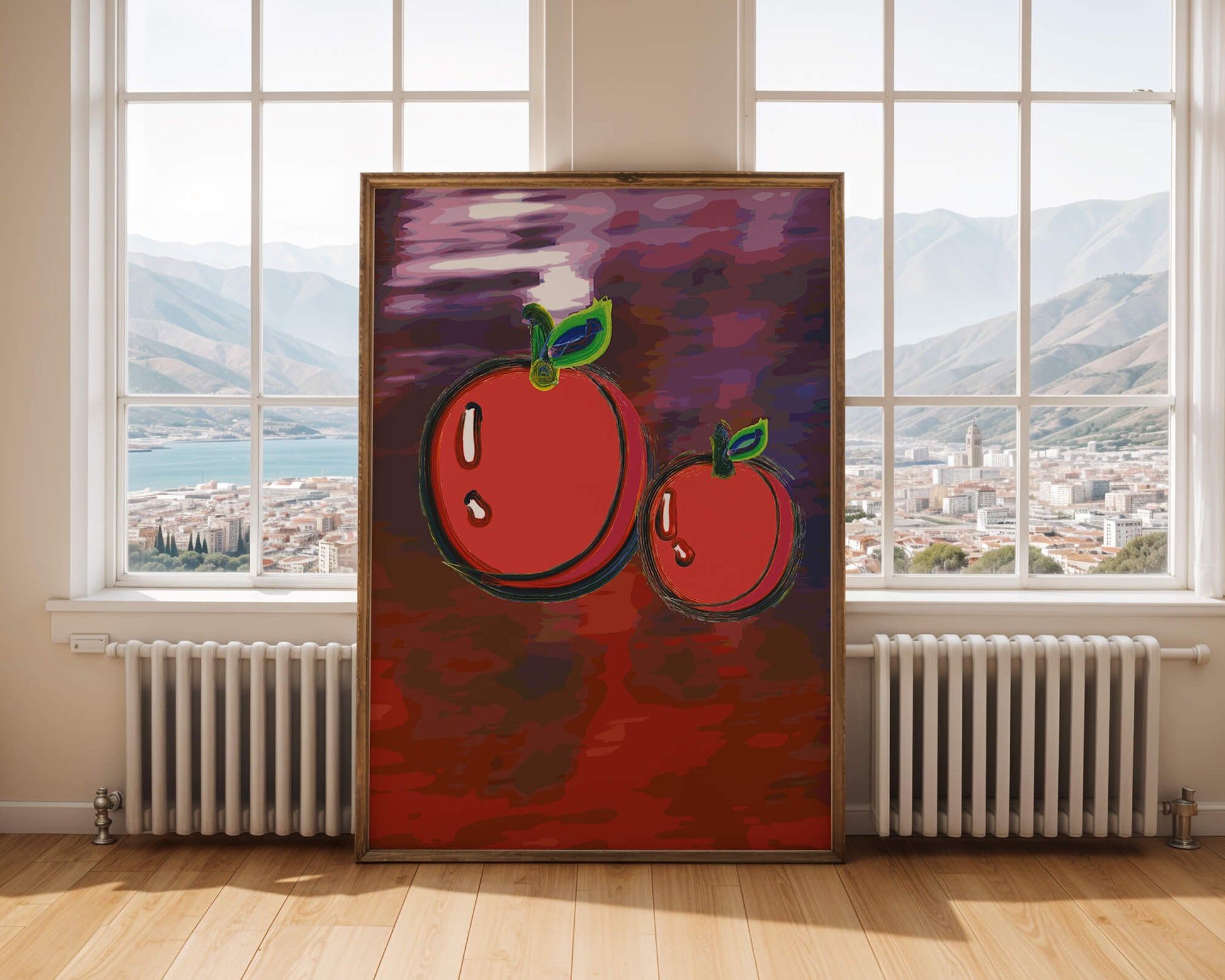 Dos manzanas abstractas con fondo colorido