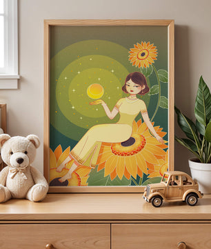 Elegant woman sitting on sunflowers in a celestial scene