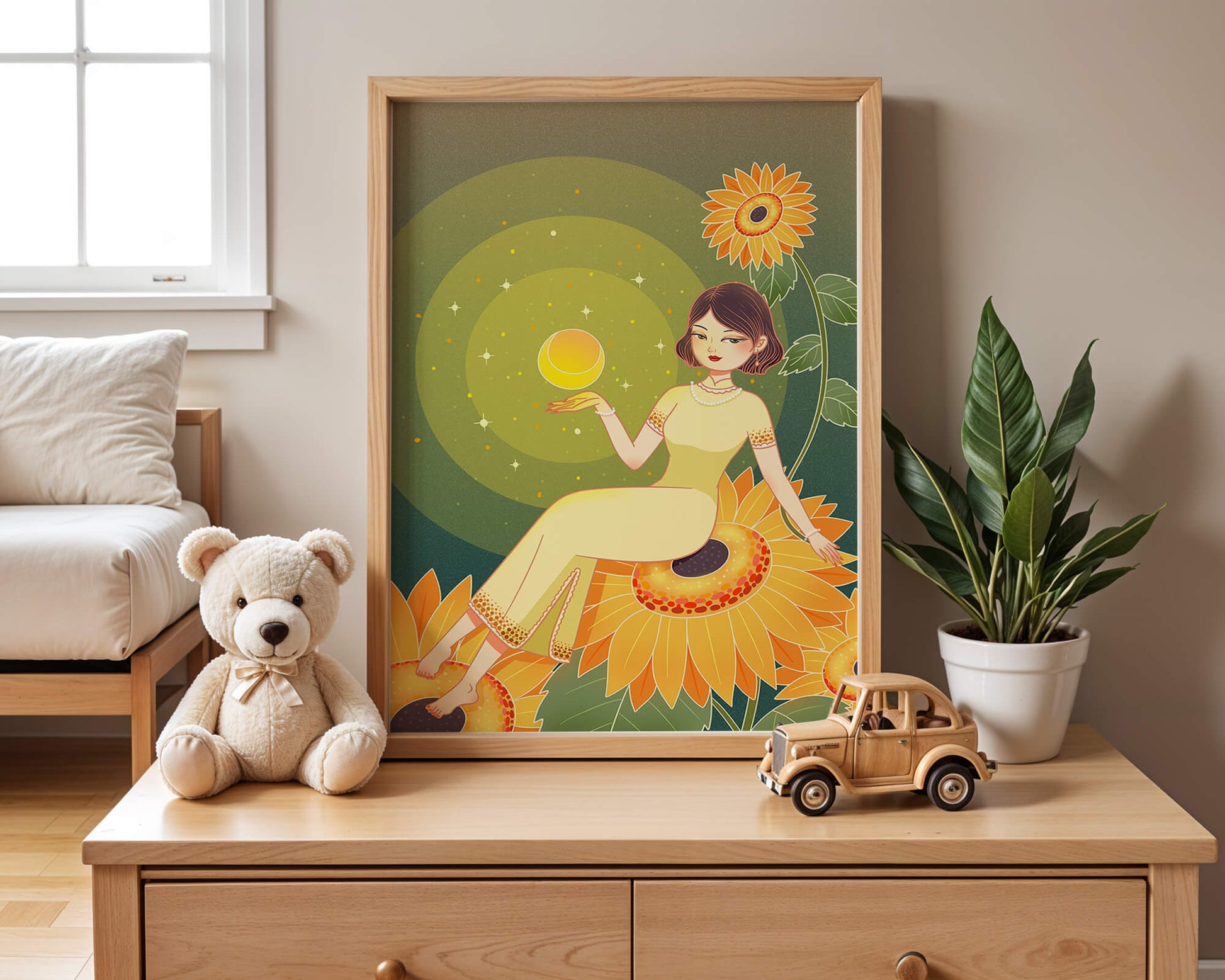 Elegant woman sitting on sunflowers in a celestial scene