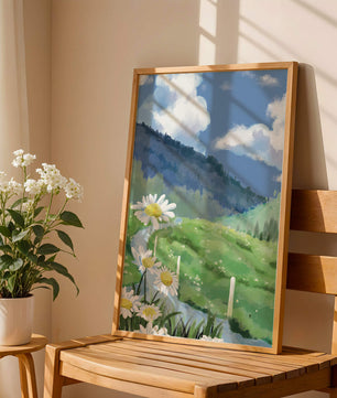 Meadow with Daisies Under Bright Blue Sky