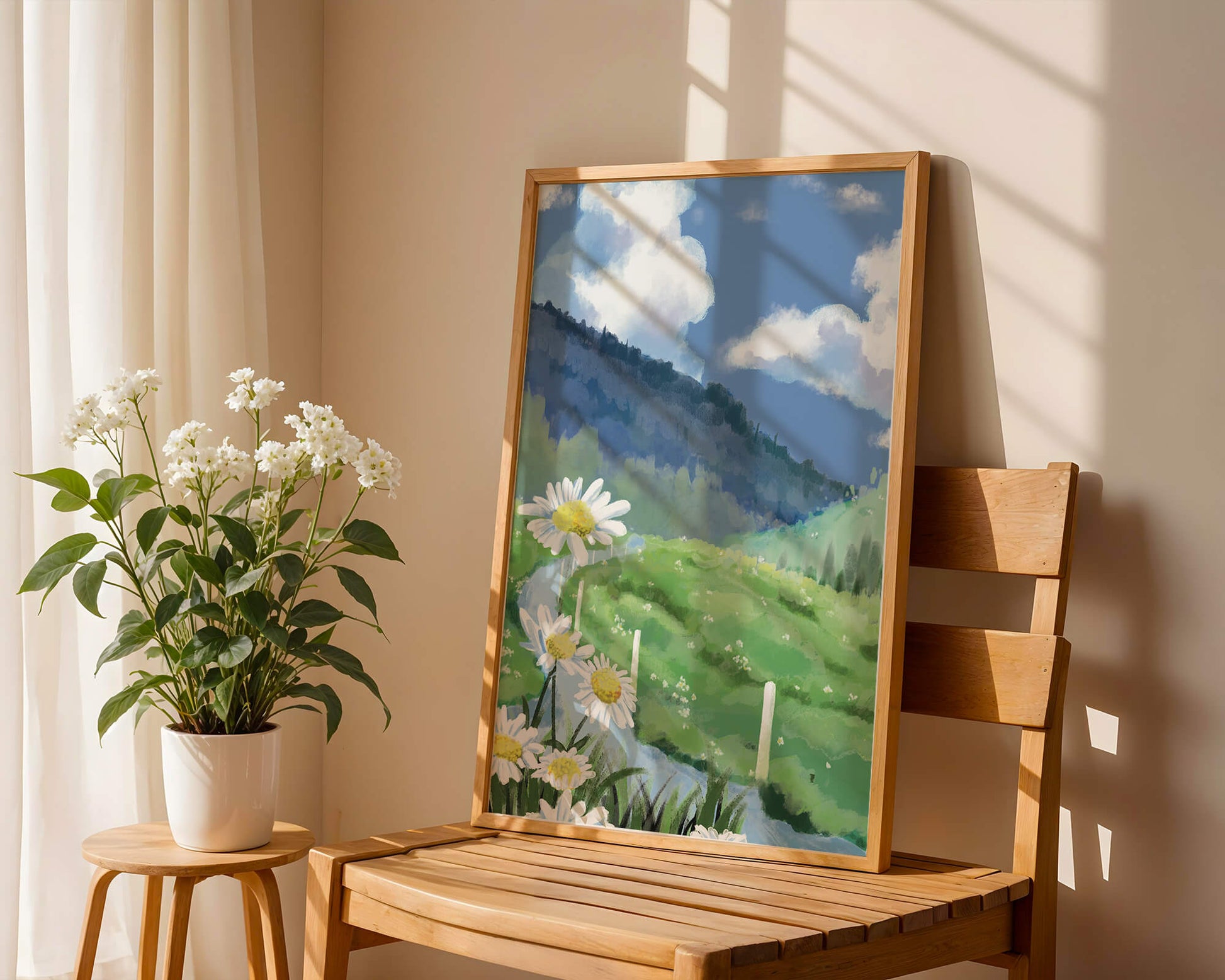 Meadow with Daisies Under Bright Blue Sky