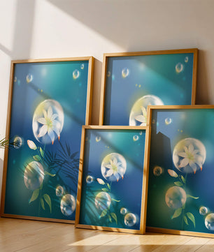 Zarte Blume in transparenten Blasen auf einem verträumten blauen Hintergrund