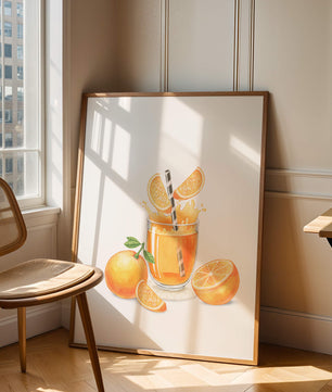 Illustration of a refreshing orange juice with fresh oranges and splash
