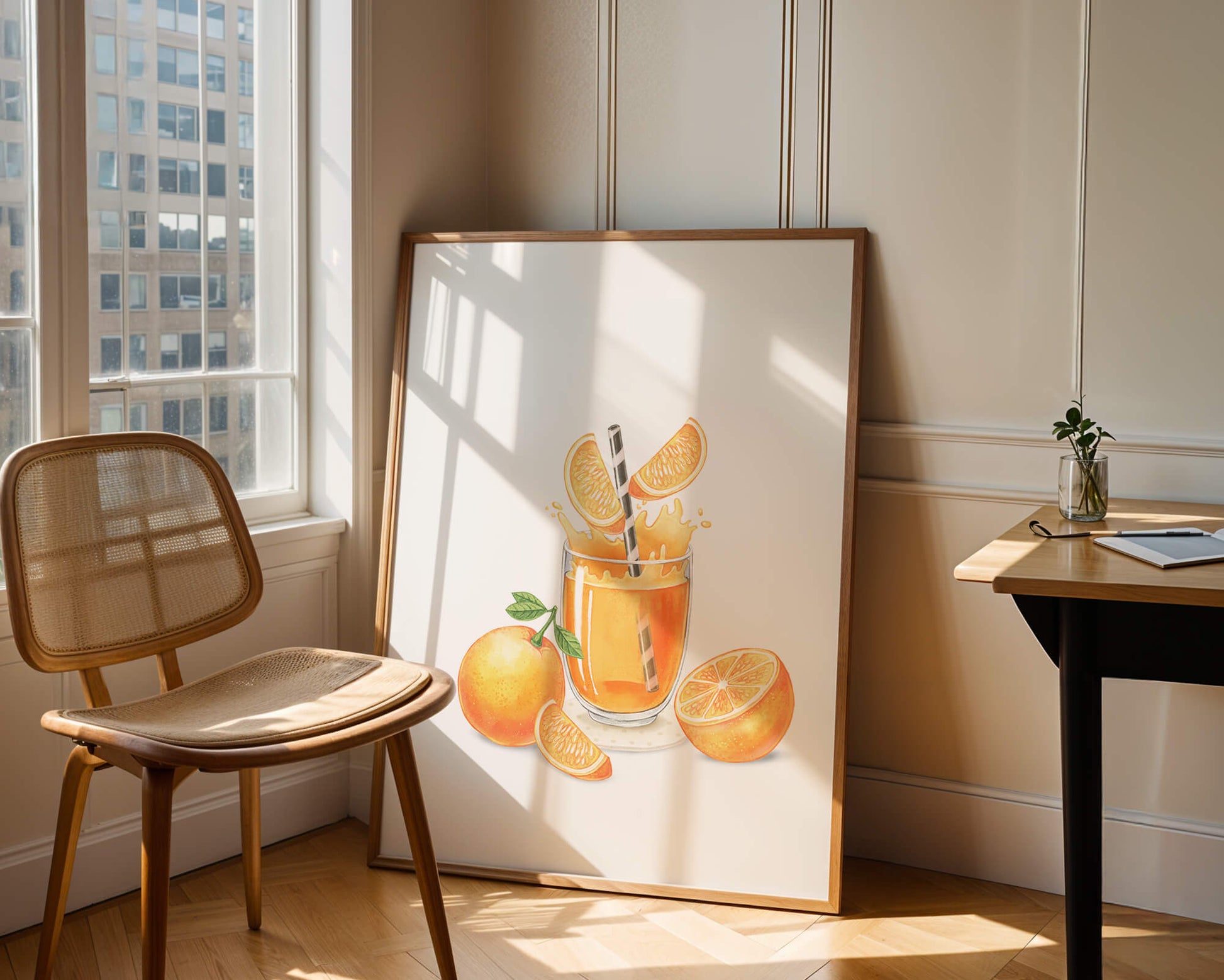 Illustration of a refreshing orange juice with fresh oranges and splash