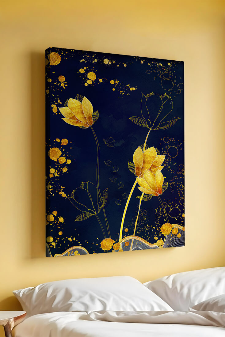 Elegant floral artwork with golden accents on deep blue background