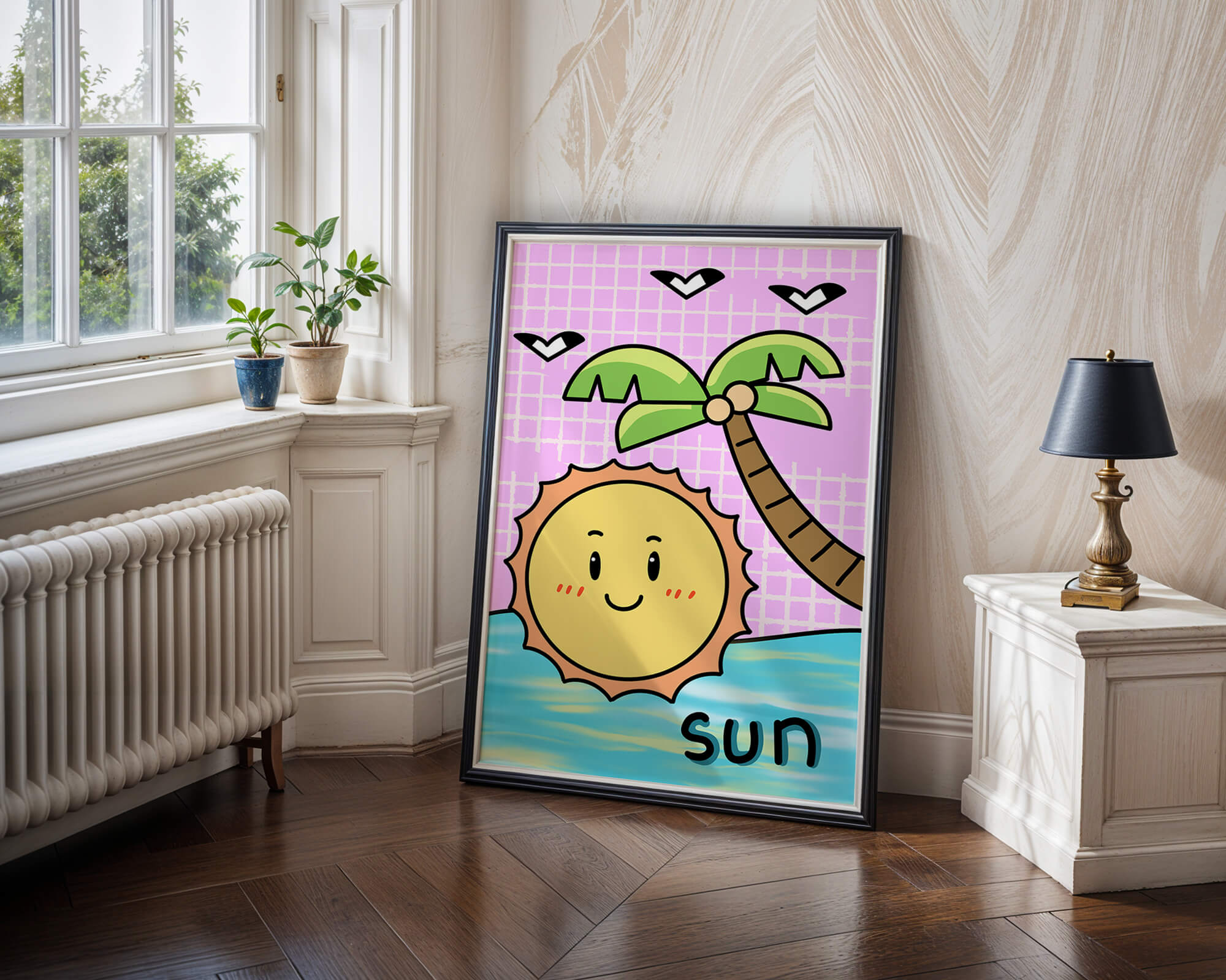 Cartoon sun with palm tree and ocean scene