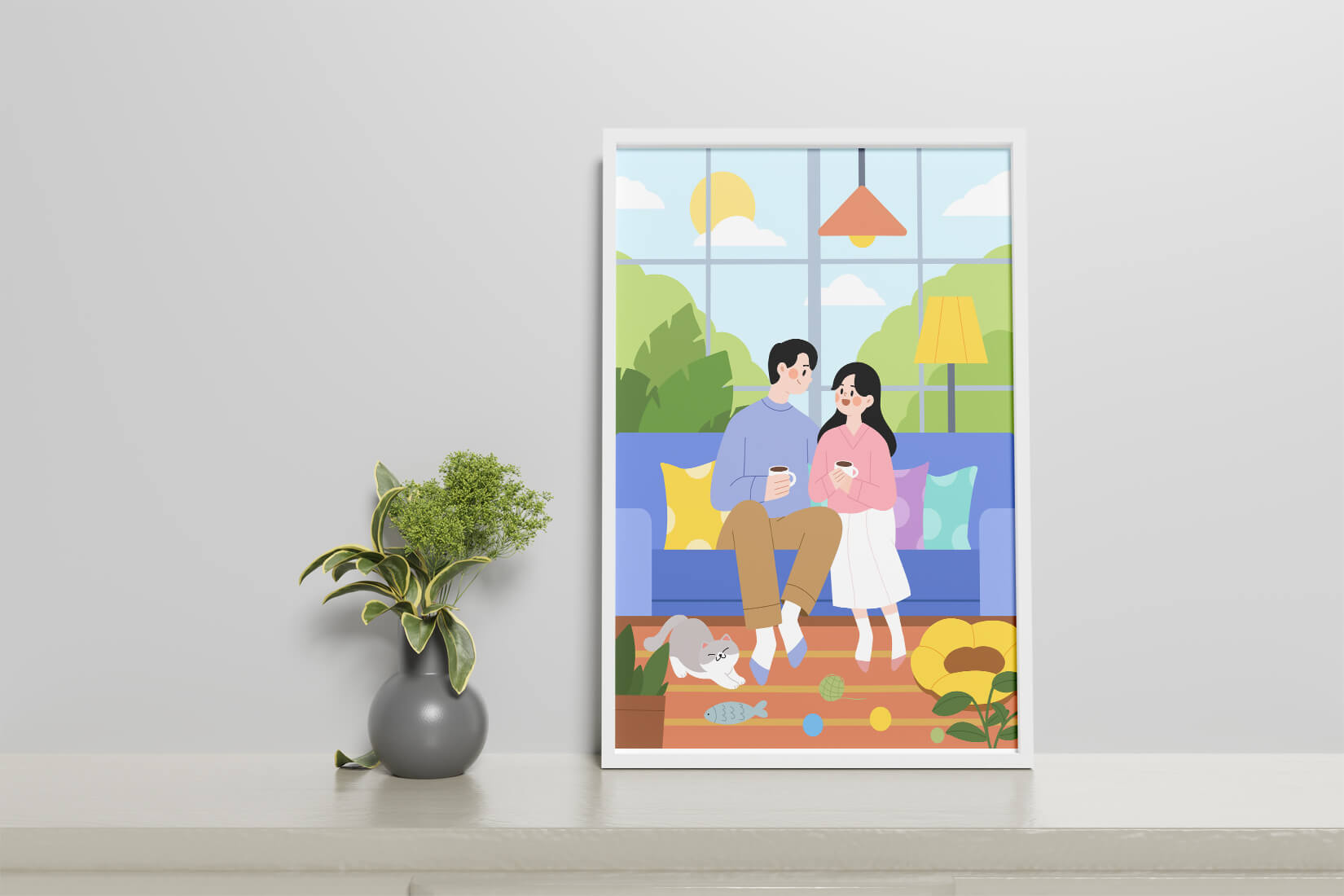Cozy living room scene with couple and playful cat