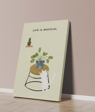 Ilustración encantadora de un gato con planta y mensaje inspirador