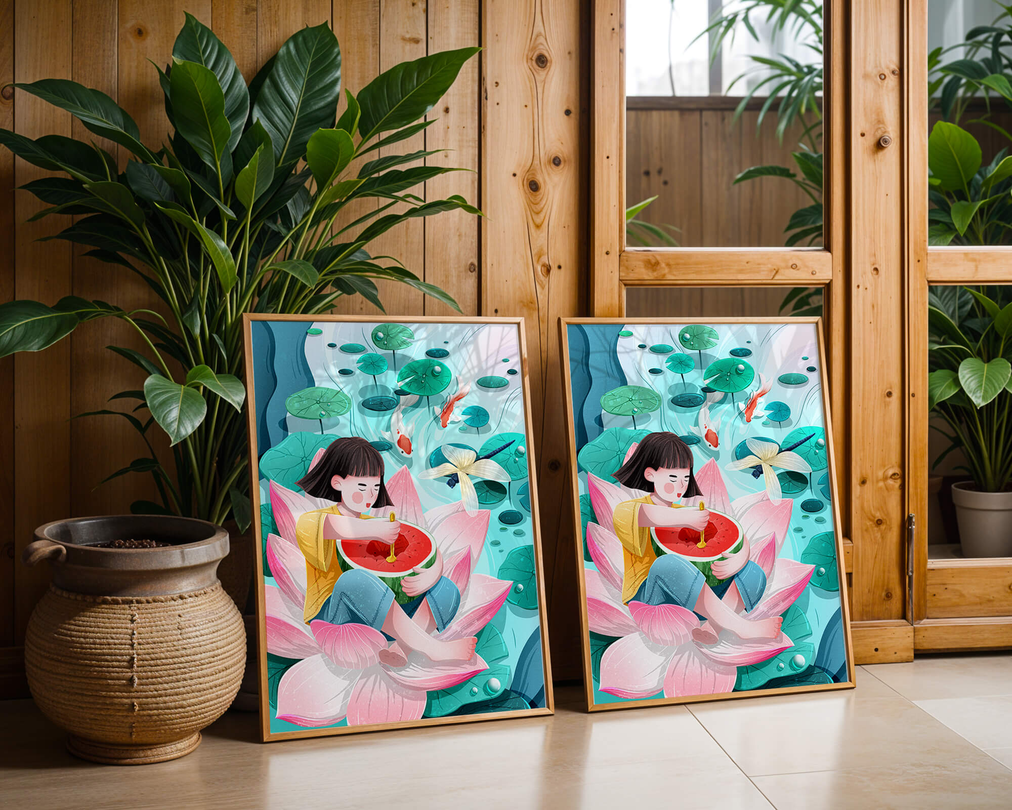 Serene illustration of child with watermelon on lotus flower