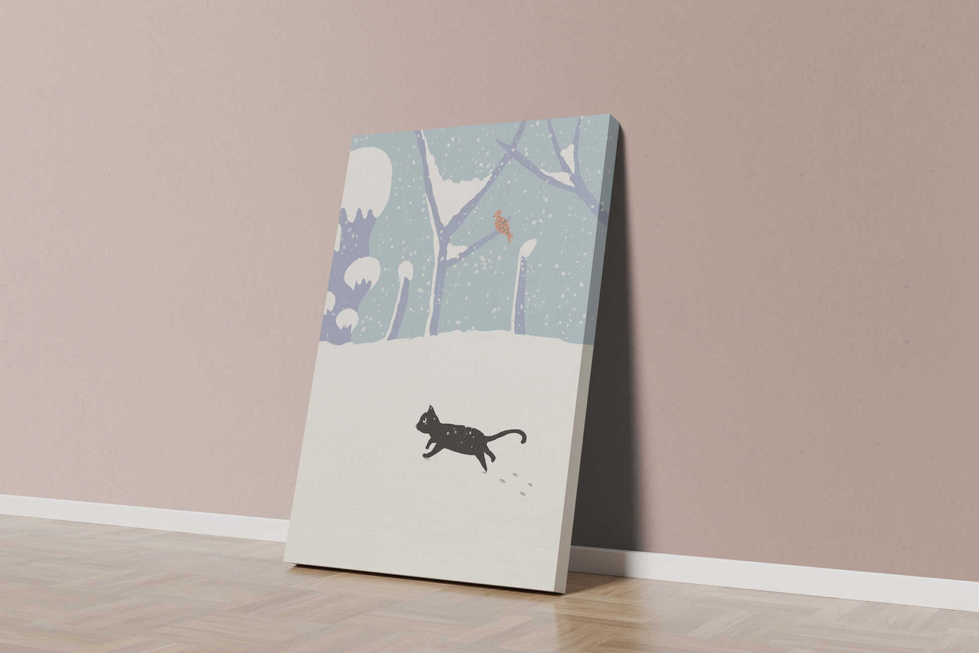 Illustrated snowy landscape with playful black cat and bird in winter scenery