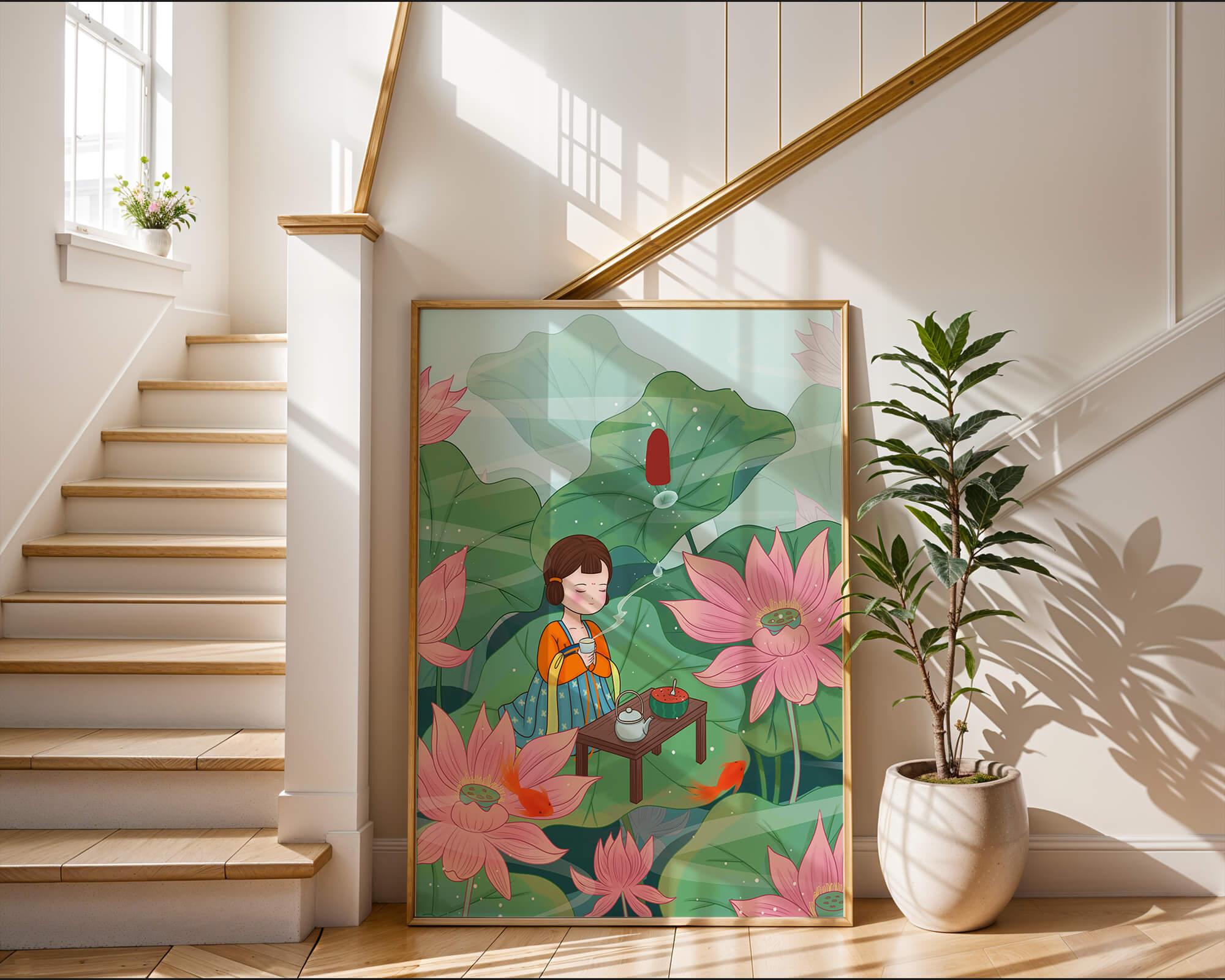 Serene illustration of a girl enjoying tea among lotus flowers