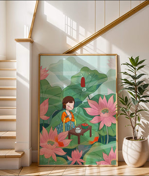 Serene illustration of a girl enjoying tea among lotus flowers