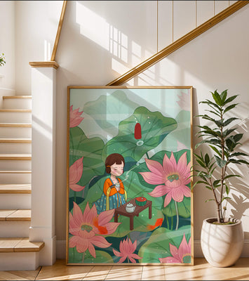 Serene illustration of a girl enjoying tea among lotus flowers