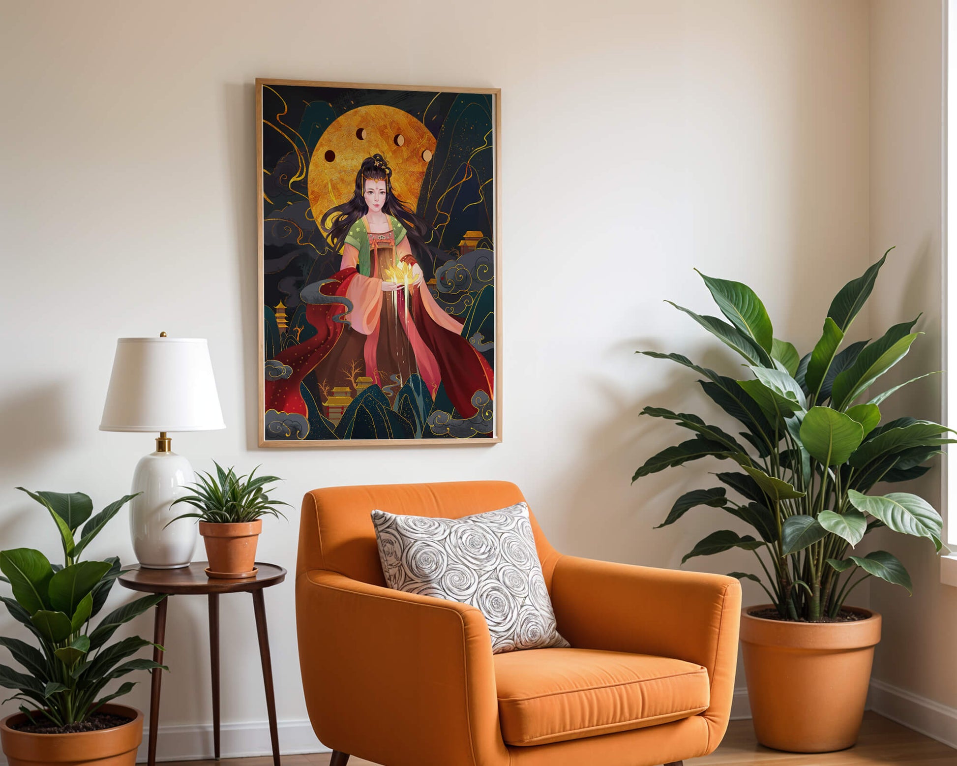 Elegante representación de una figura mítica con un fondo celestial dorado.