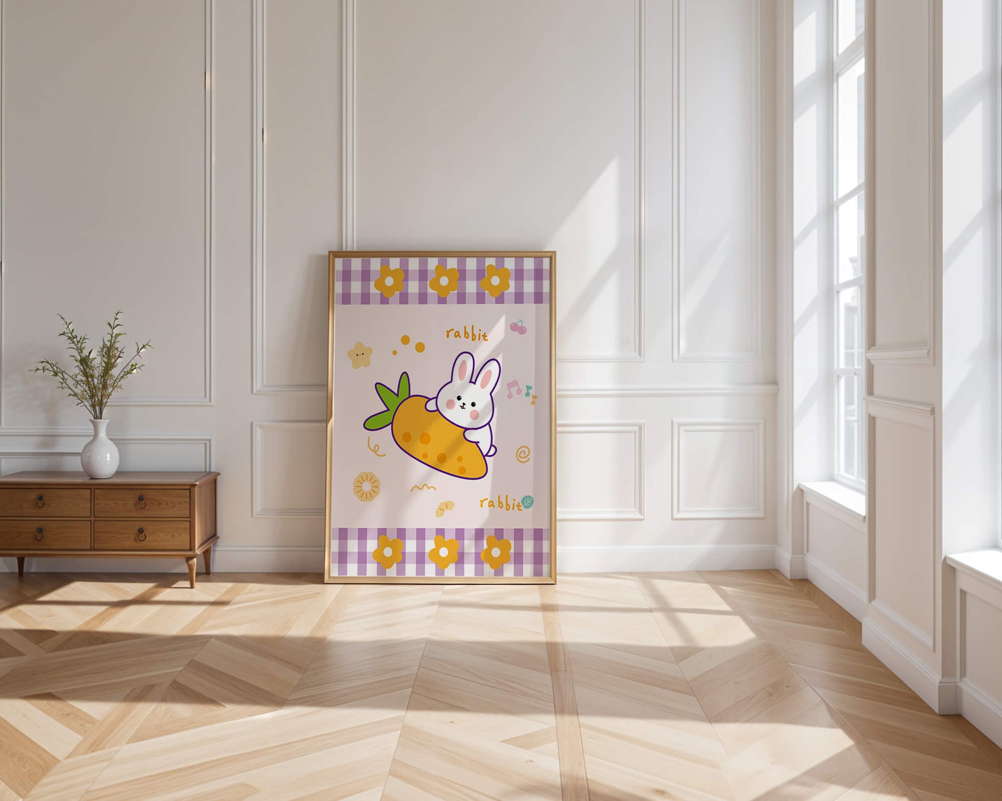 Illustrated cute rabbit with carrot on a colorful background