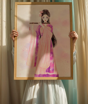 Illustration élégante à l’aquarelle d’une femme traditionnelle en tenue rose