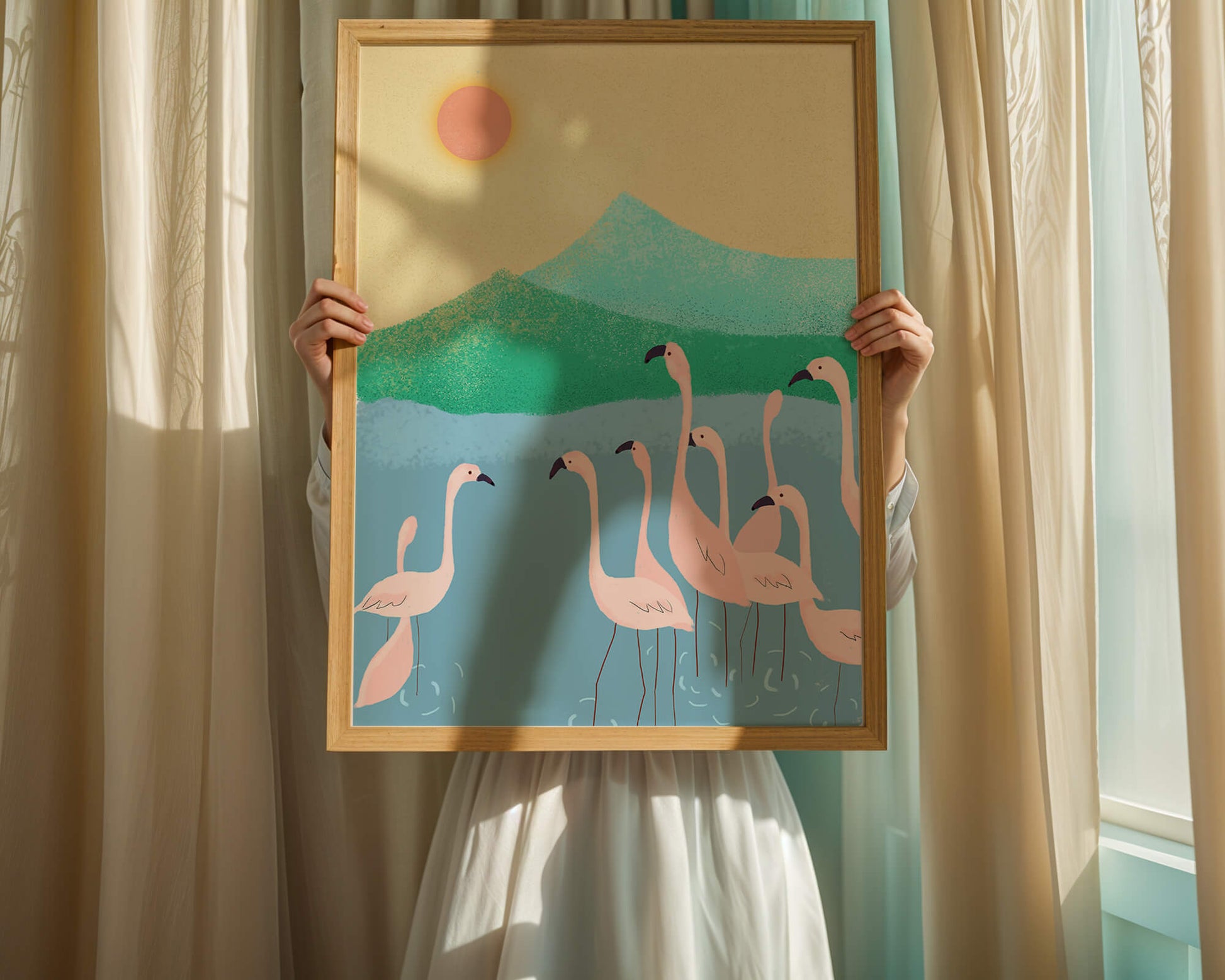 Friedliche Szene mit Flamingos in einer ruhigen Landschaft mit Bergen und Sonnenuntergang