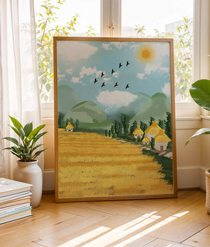 Sunny Countryside With Birds And Golden Fields