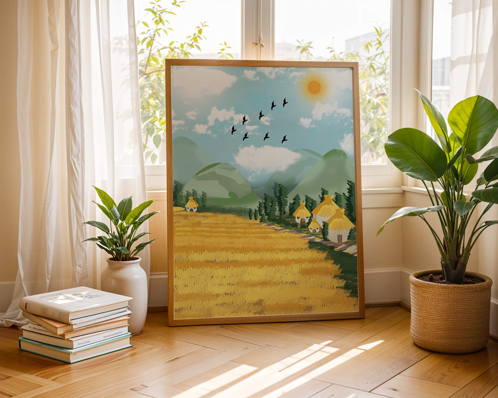 Sunny Countryside With Birds And Golden Fields