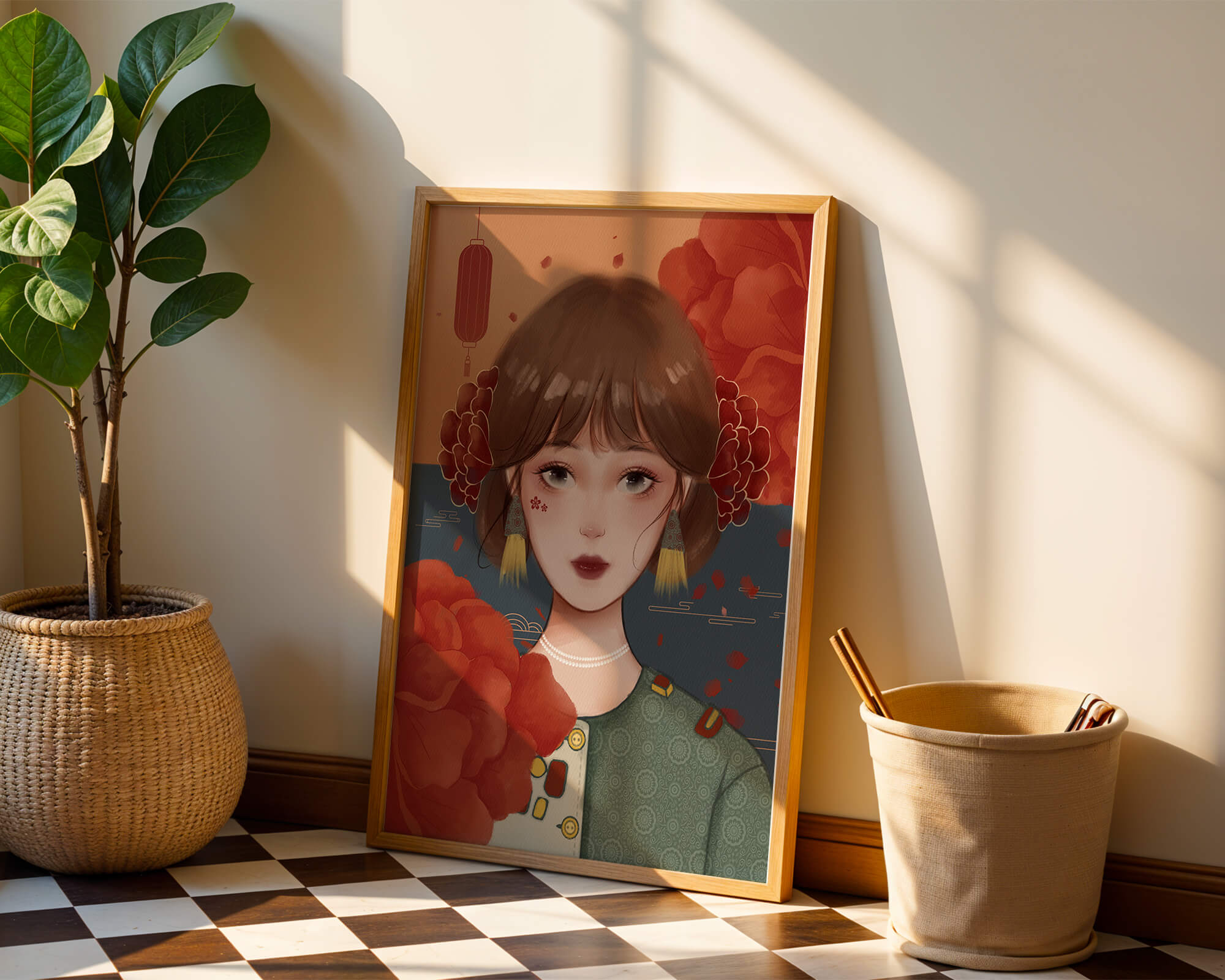 Illustration of a woman adorned with floral elements and traditional accessories