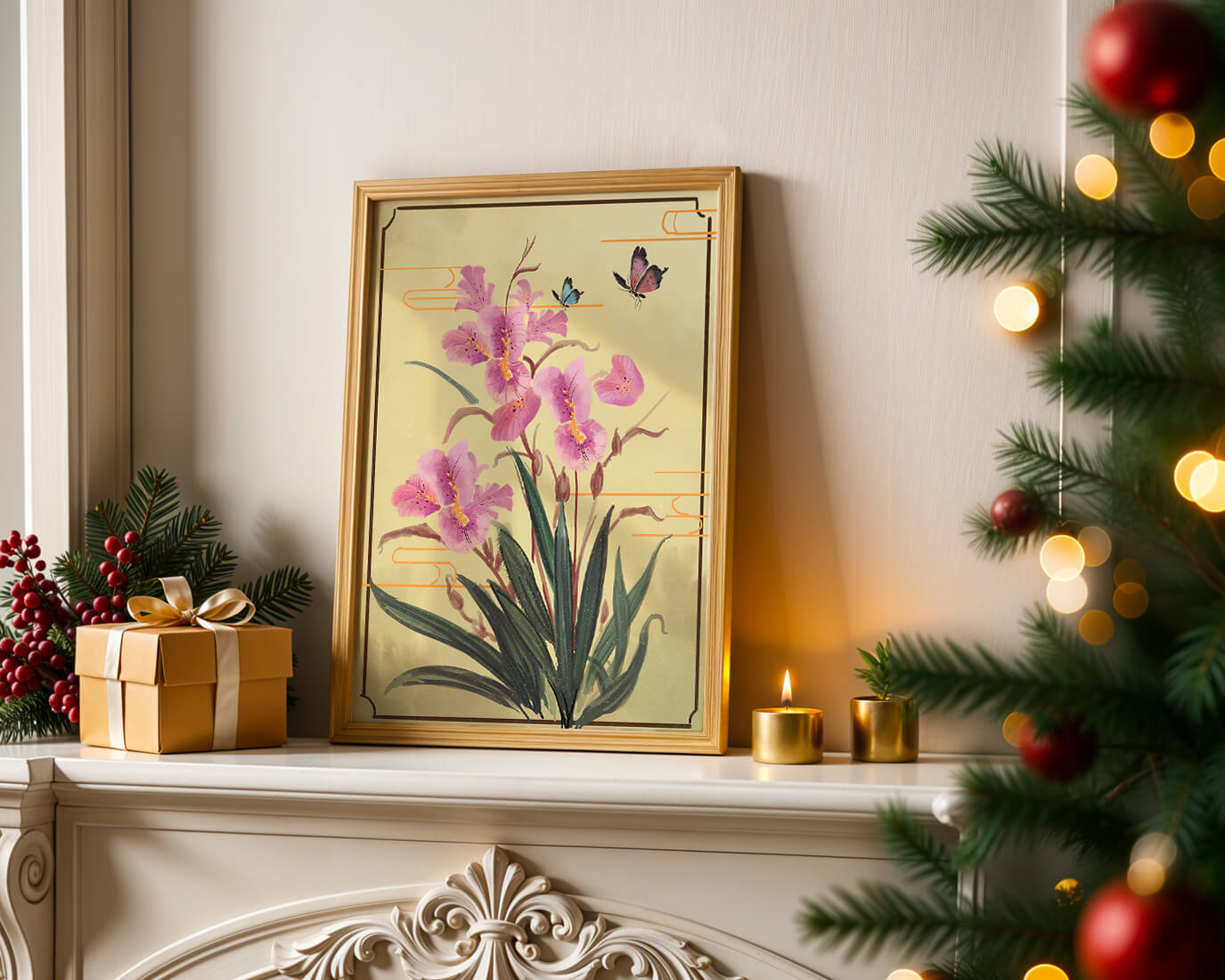 Elegant Floral Composition with Butterflies and Ornamental Background