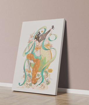 Elegant depiction of an Asian-inspired musician with floral and ribbon motifs