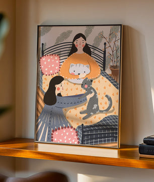 Escena interior acogedora con mujeres, gatos y elementos decorativos