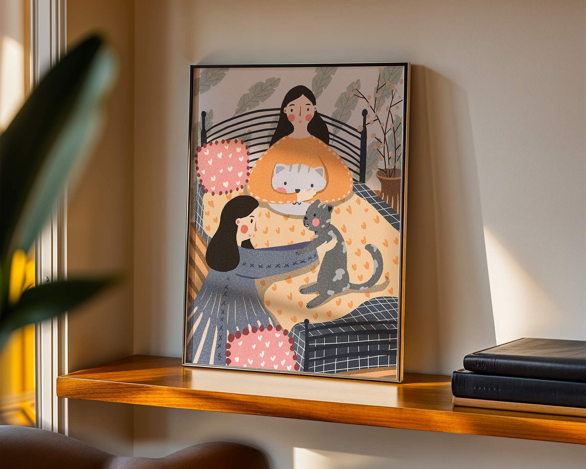 Escena interior acogedora con mujeres, gatos y elementos decorativos