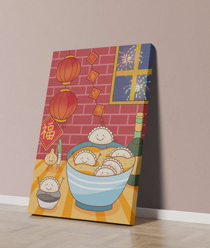 Festive Dumpling Illustration with Lanterns and Fireworks - Mi tienda
