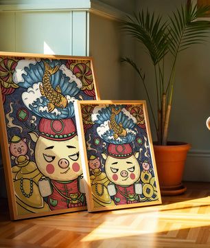 Colorful illustration featuring a whimsical pig and koi fish with decorative elements