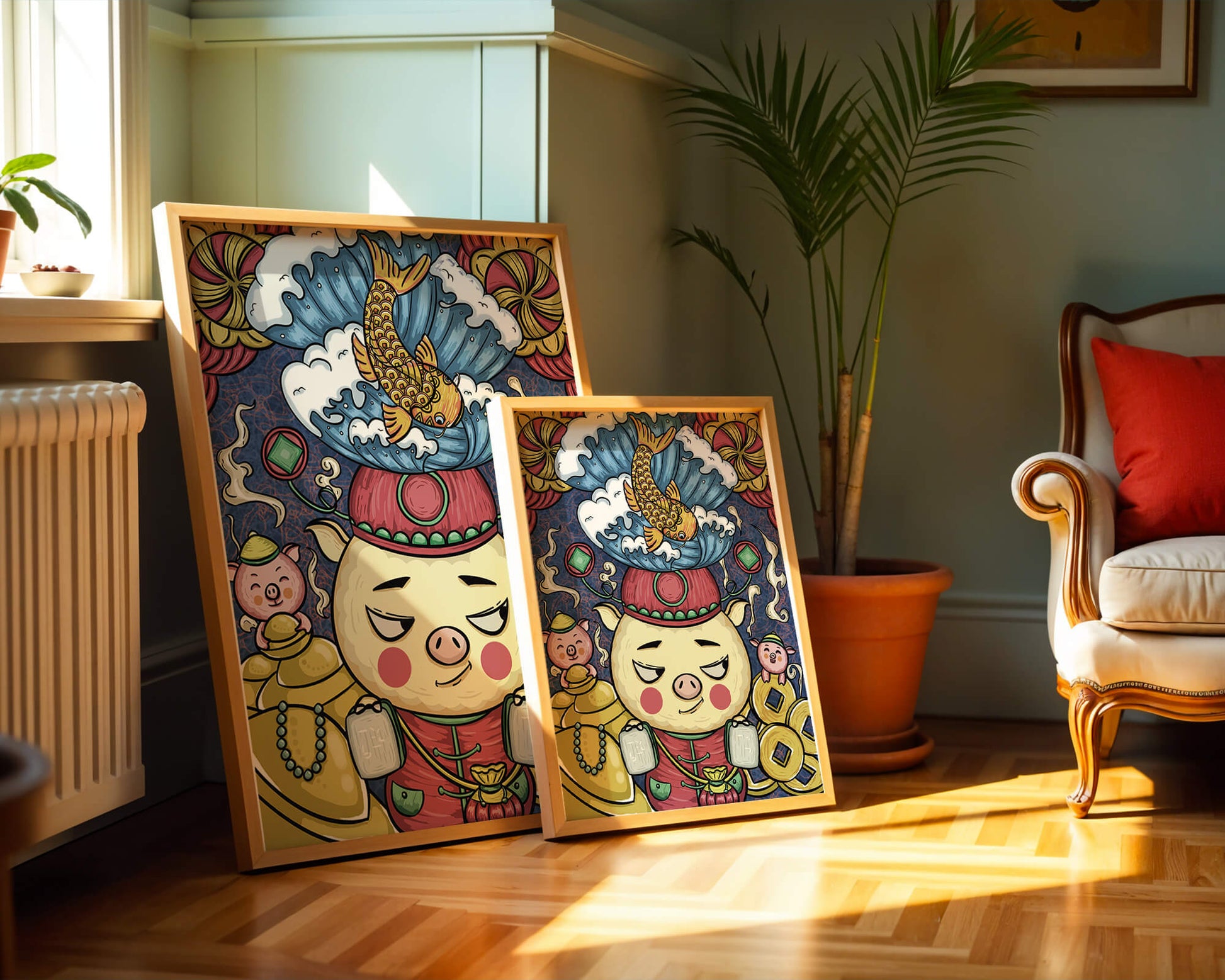 Colorful illustration featuring a whimsical pig and koi fish with decorative elements