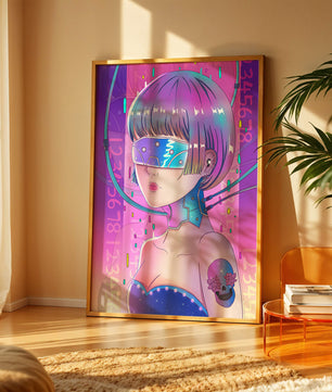 Chica cyberpunk futurista con colores neón y elementos de realidad virtual