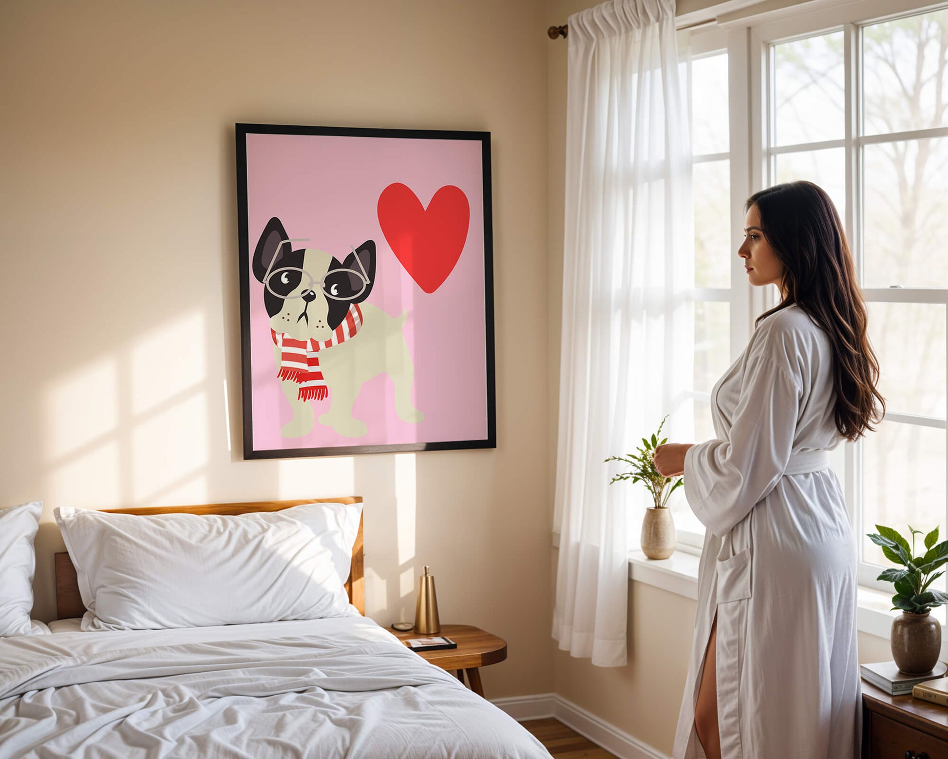 Ilustración lúdica de un bulldog francés con gafas y bufanda sobre fondo rosa con corazón