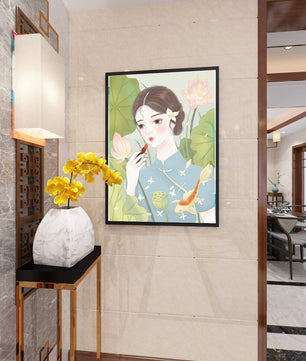 Elegant Woman in Traditional Dress with Lotus and Koi Fish - Mi tienda