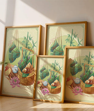 Traditional Asian tea set with bamboo and dumplings