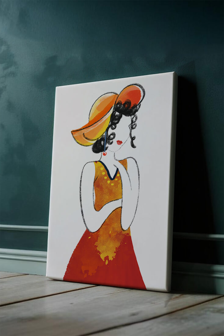 Elegant woman in a vibrant hat and dress illustration