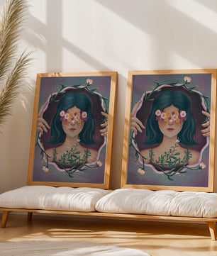 Portrait enchanteur d'une femme aux yeux floraux et aux cheveux noirs