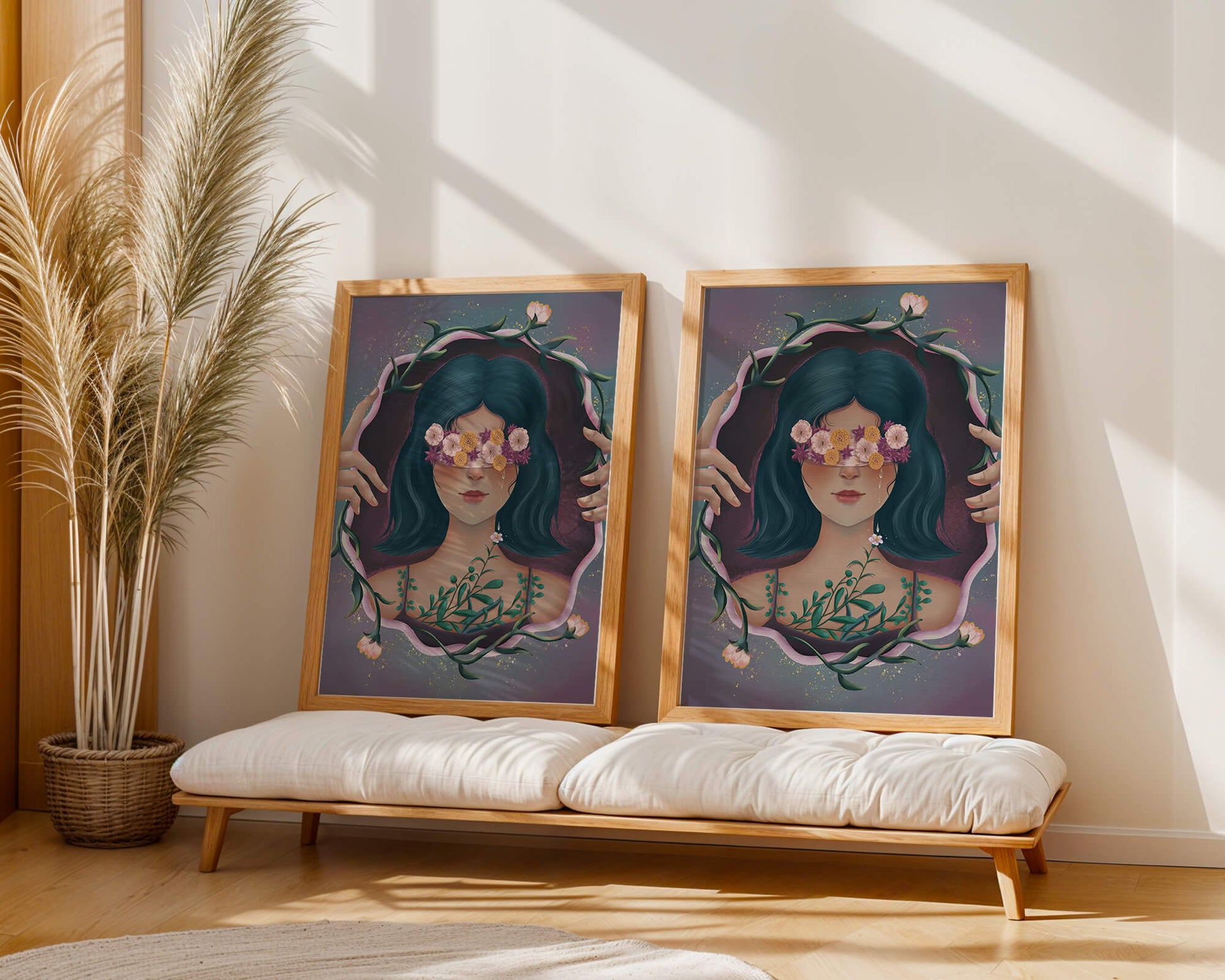 Retrato encantador de una mujer con ojos florales y cabello oscuro