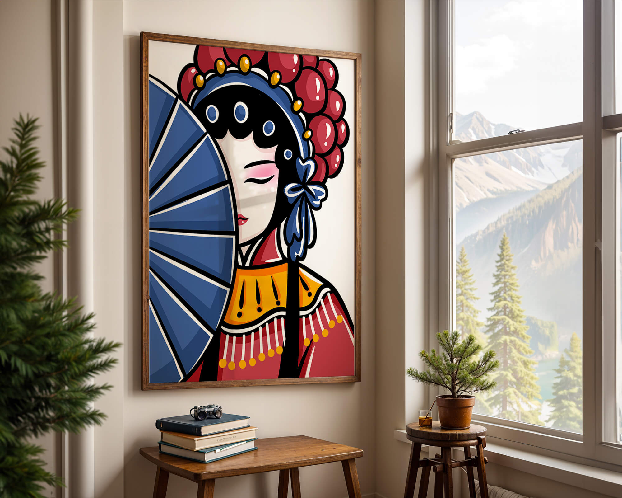Traditional Asian opera character with fan and decorative headpiece