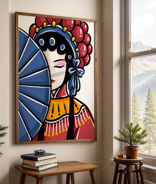 Traditional Asian opera character with fan and decorative headpiece